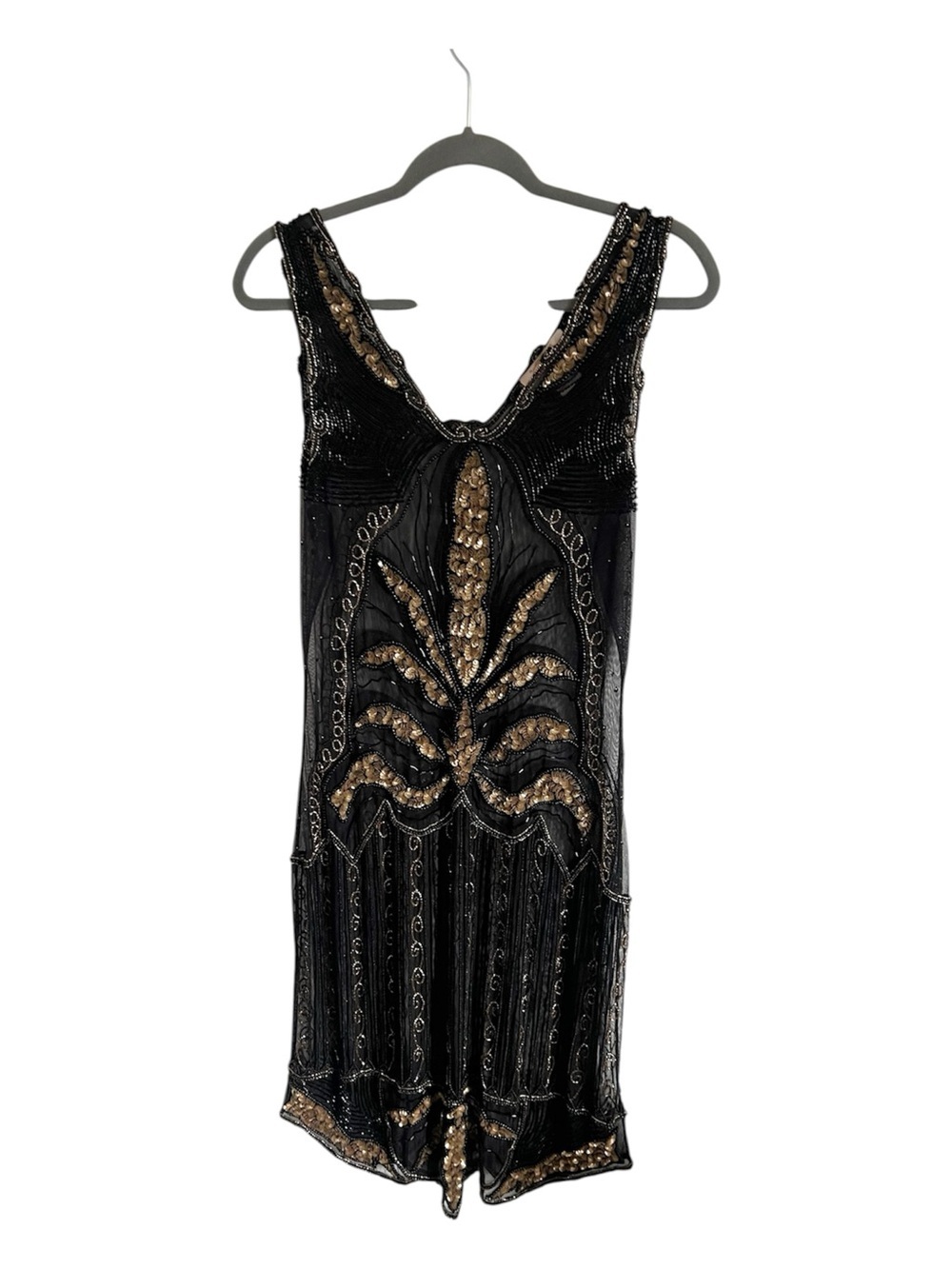 Gatsby Lady Embroidered Beaded Black Cocktail Dress with Gold Accents, size 12